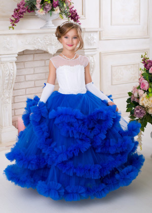 White Lace Royal Blue Tulle Ruffled Keyhole Back Flower Girl Dress